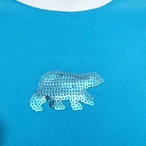 T shirt long sleeve crew neck sequin bear decal turquoise blue stretch Large